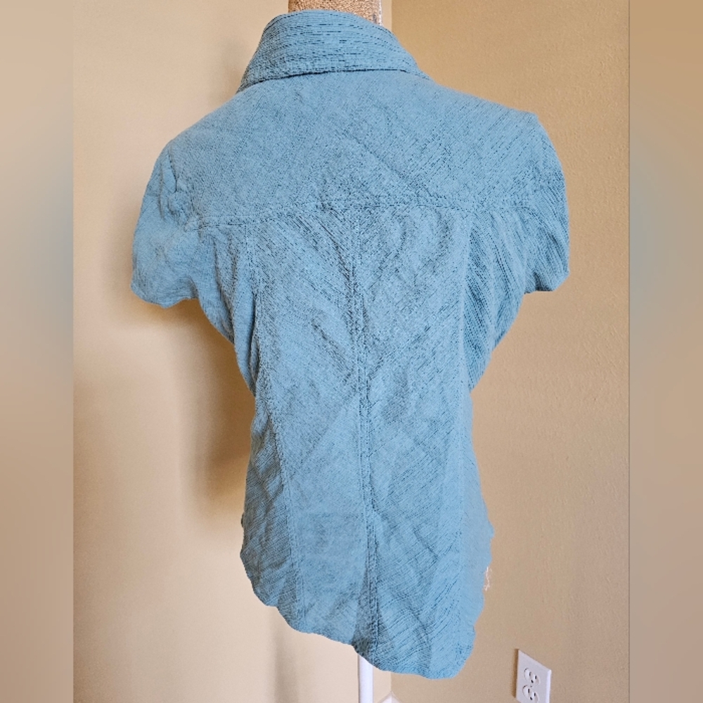 J Jill Relaxed Cotton Gauze Button Up | Teal | Size Medium Petite Short Sleeve - Picture 2 of 5